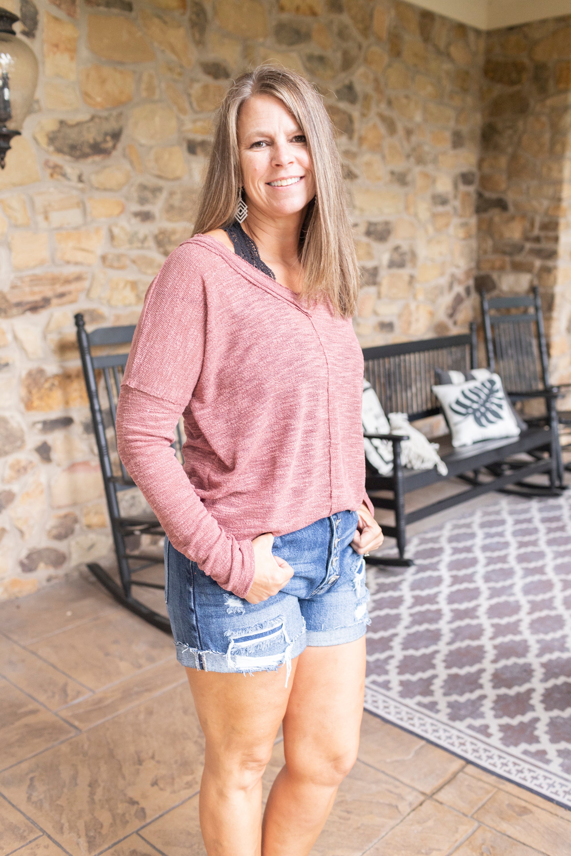 Raw Edge V Neck Top - Cooper