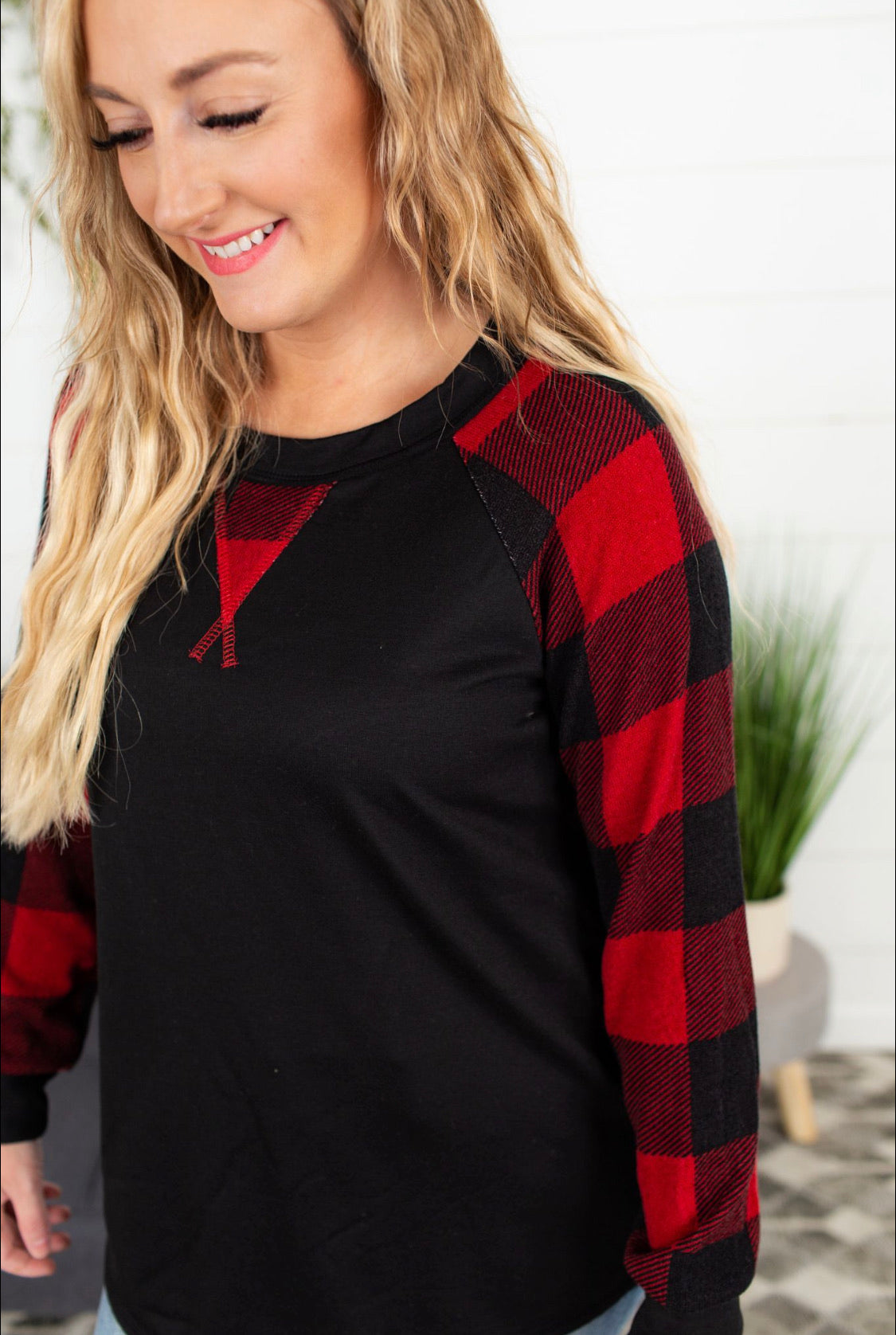 Raglan Buffalo Plaid Top - Red