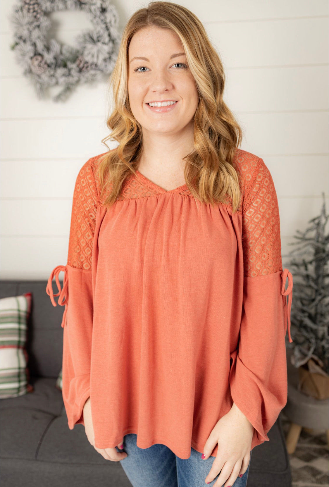 V Neck Bell Sleeve Top - Marsala