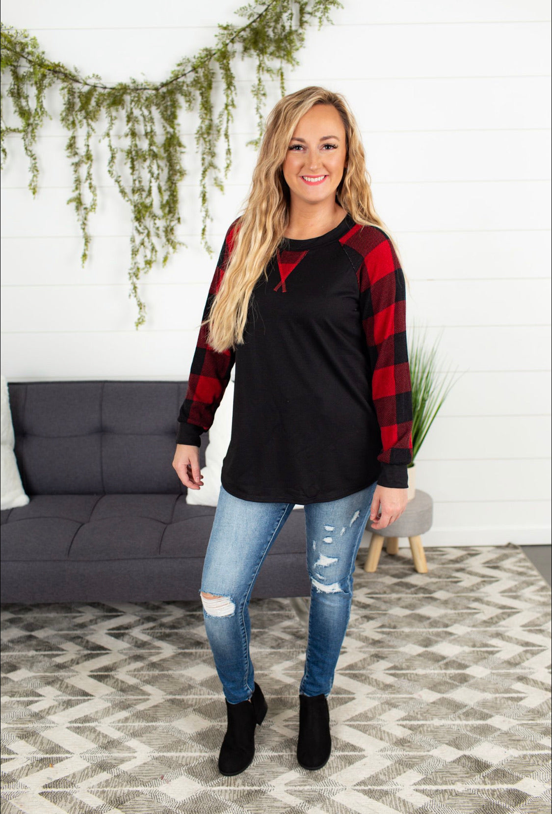 Raglan Buffalo Plaid Top - Red