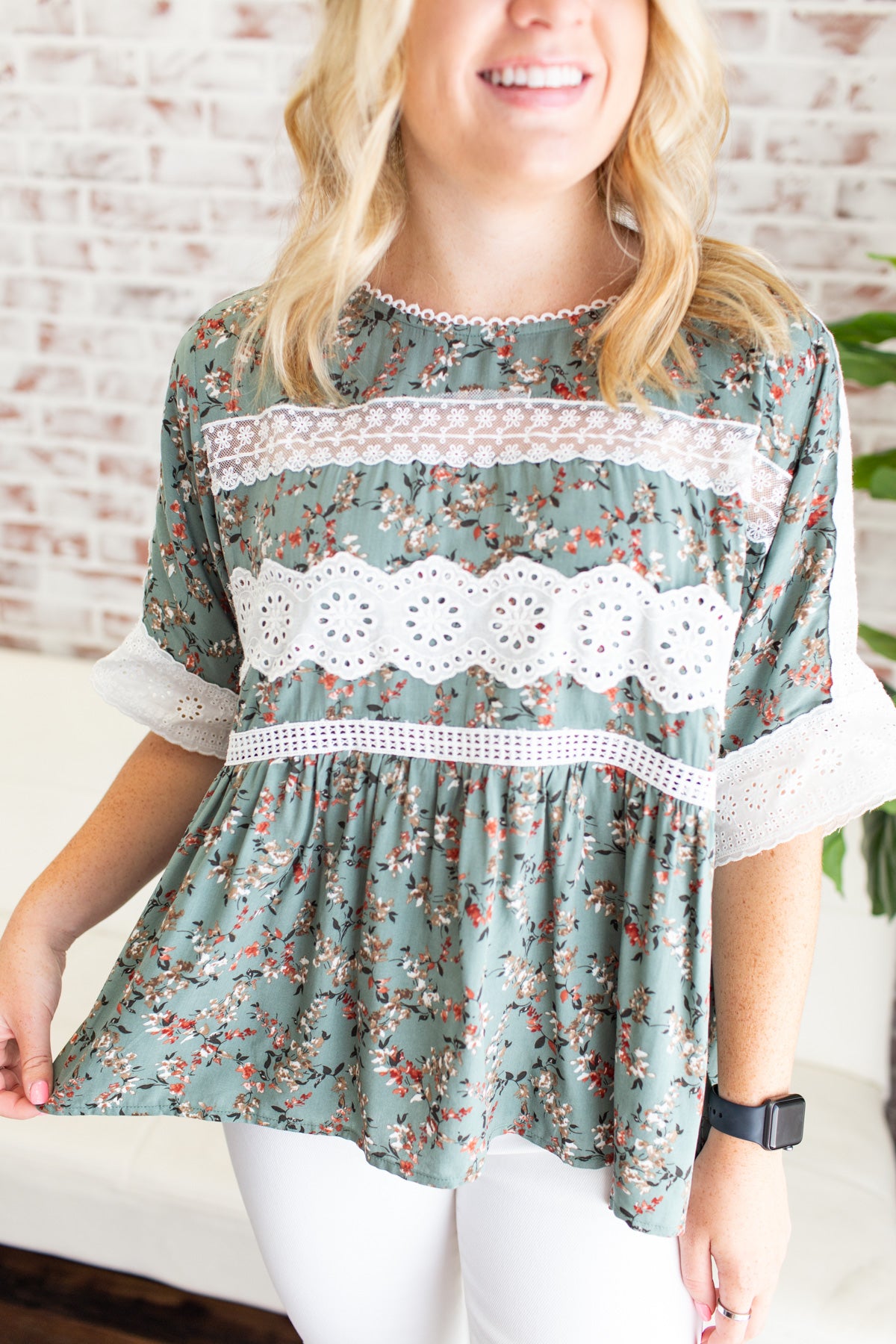 Floral Eyelet Detail Top - Sage