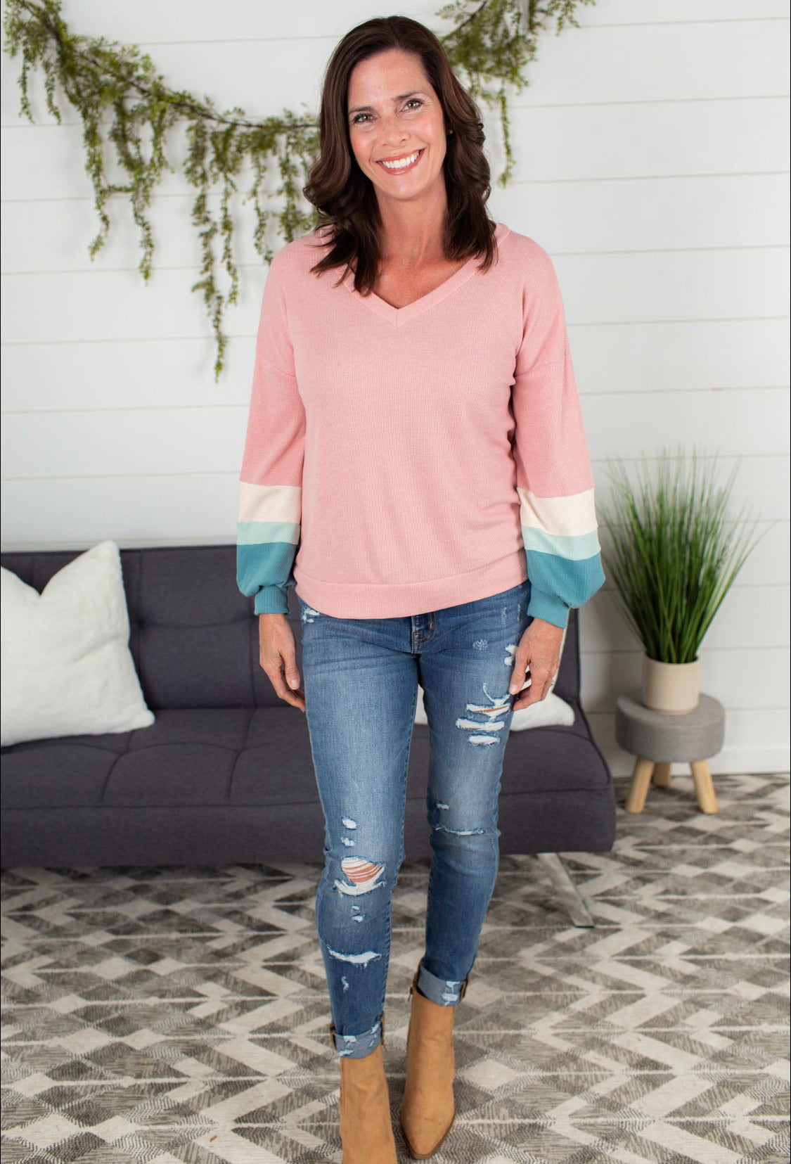 V Neck Balloon Sleeve Top - Dusty Pink