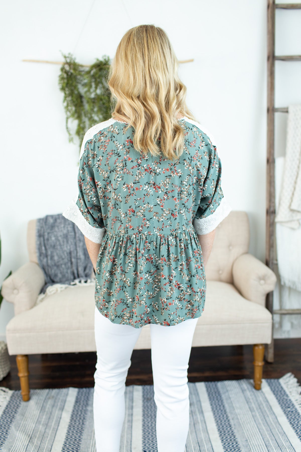 Floral Eyelet Detail Top - Sage