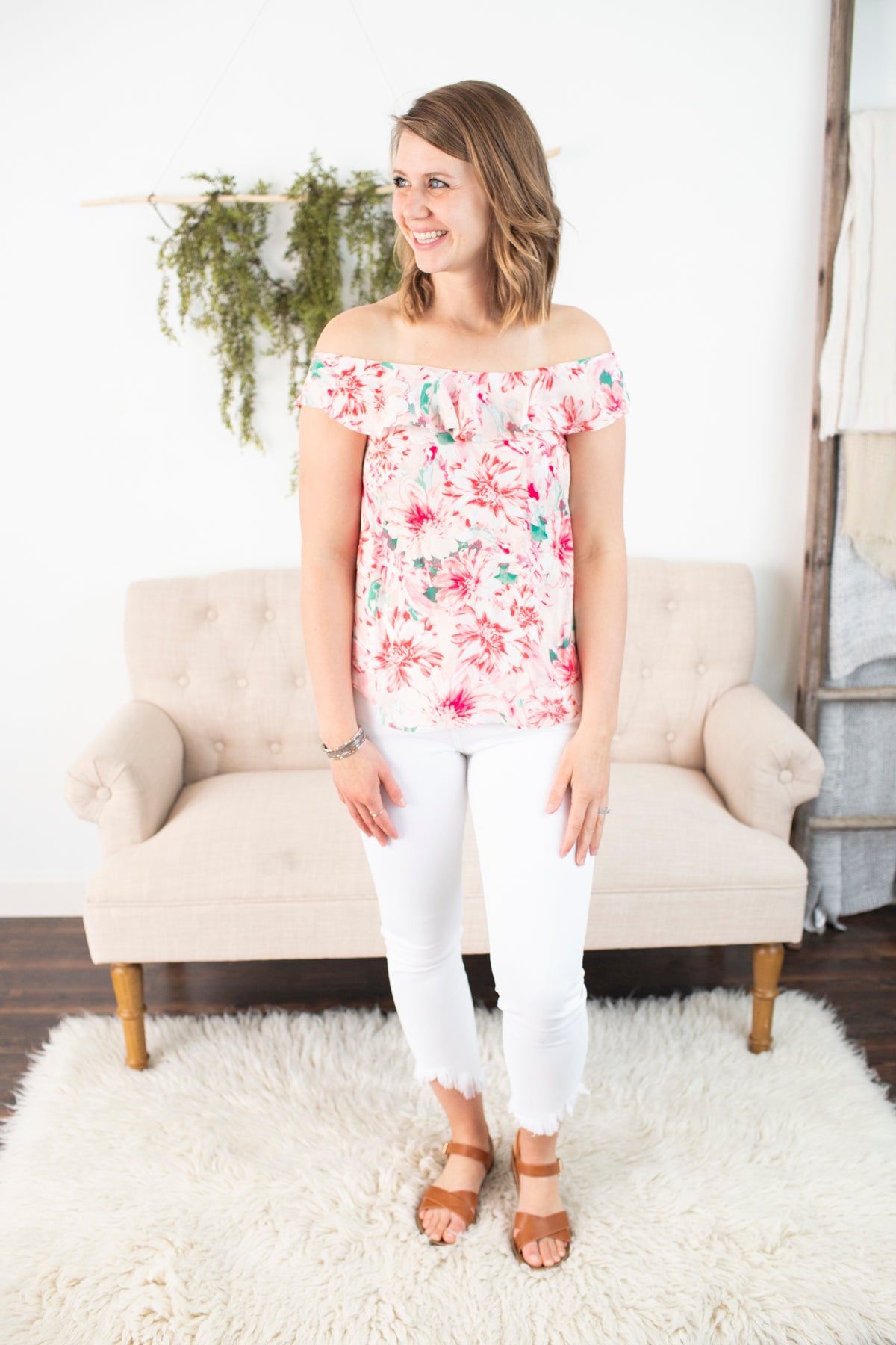 Floral Dip Back Top - Blush/Coral