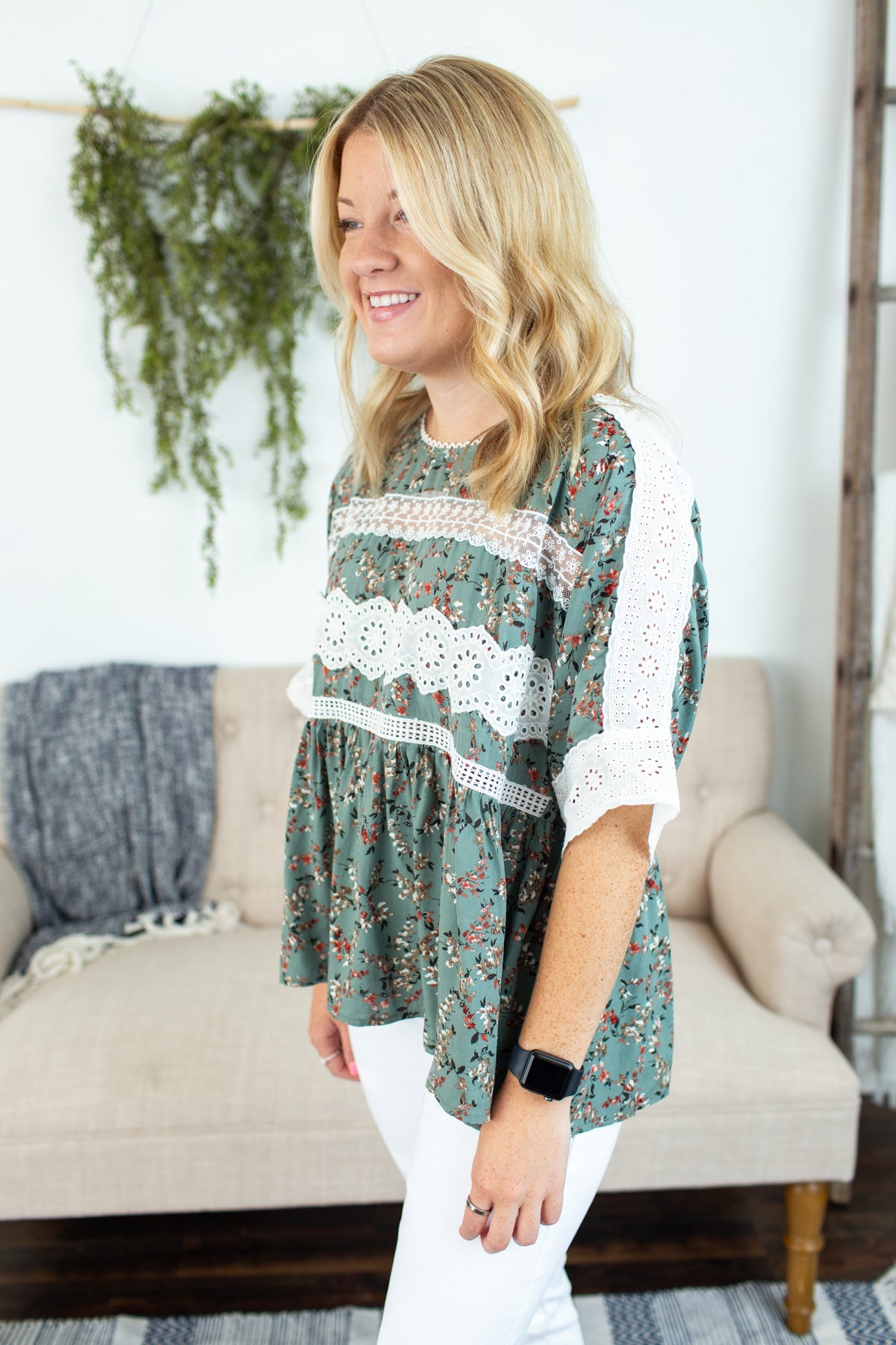 Floral Eyelet Detail Top - Sage