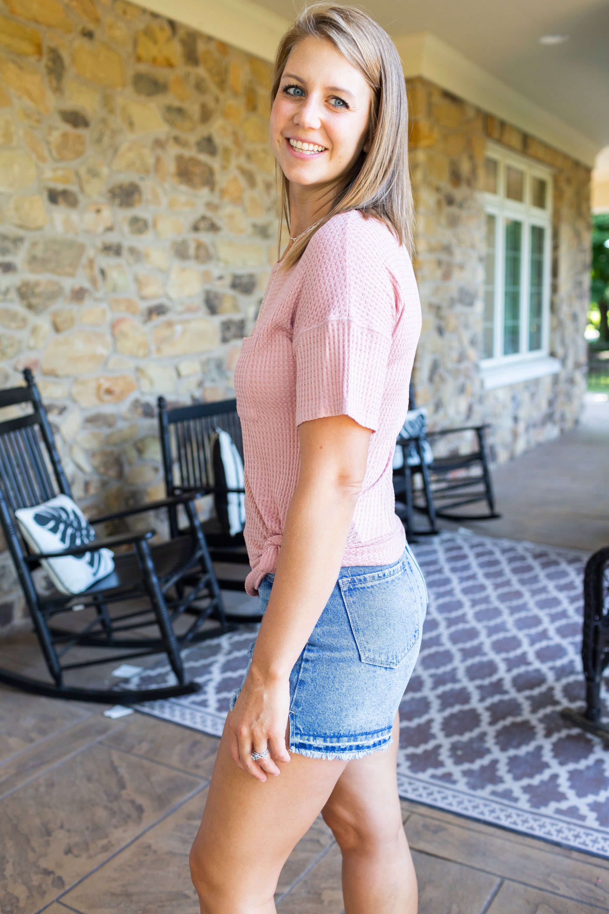 Solid Waffle Knit Pocket Top - Blush