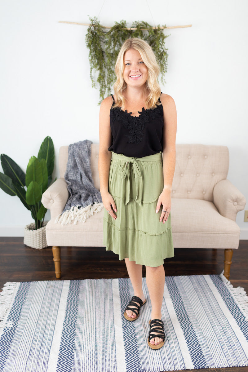 Solid Print Midi Tiered Skirt