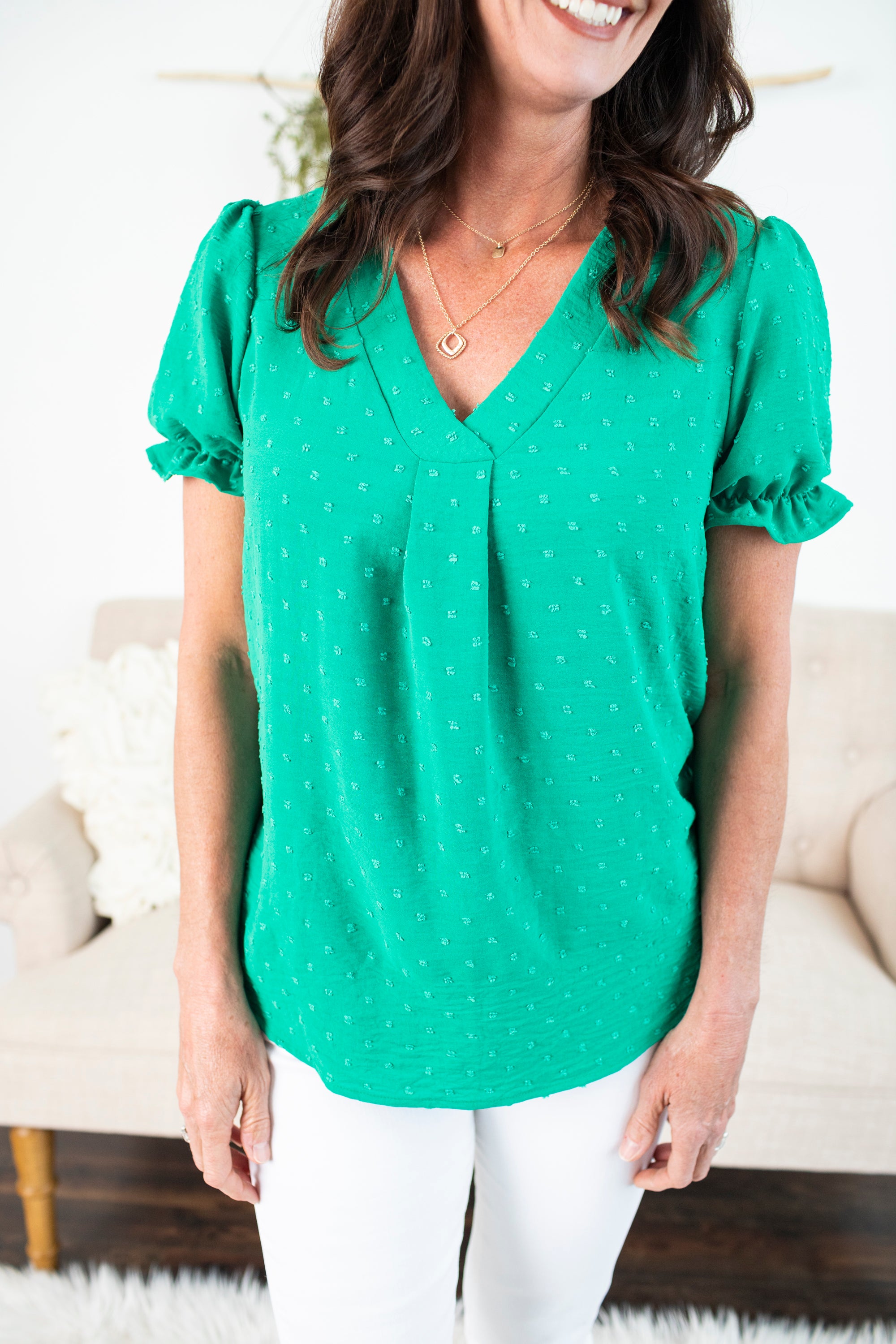 Solid Swiss Dot V Neck - Kelly Green
