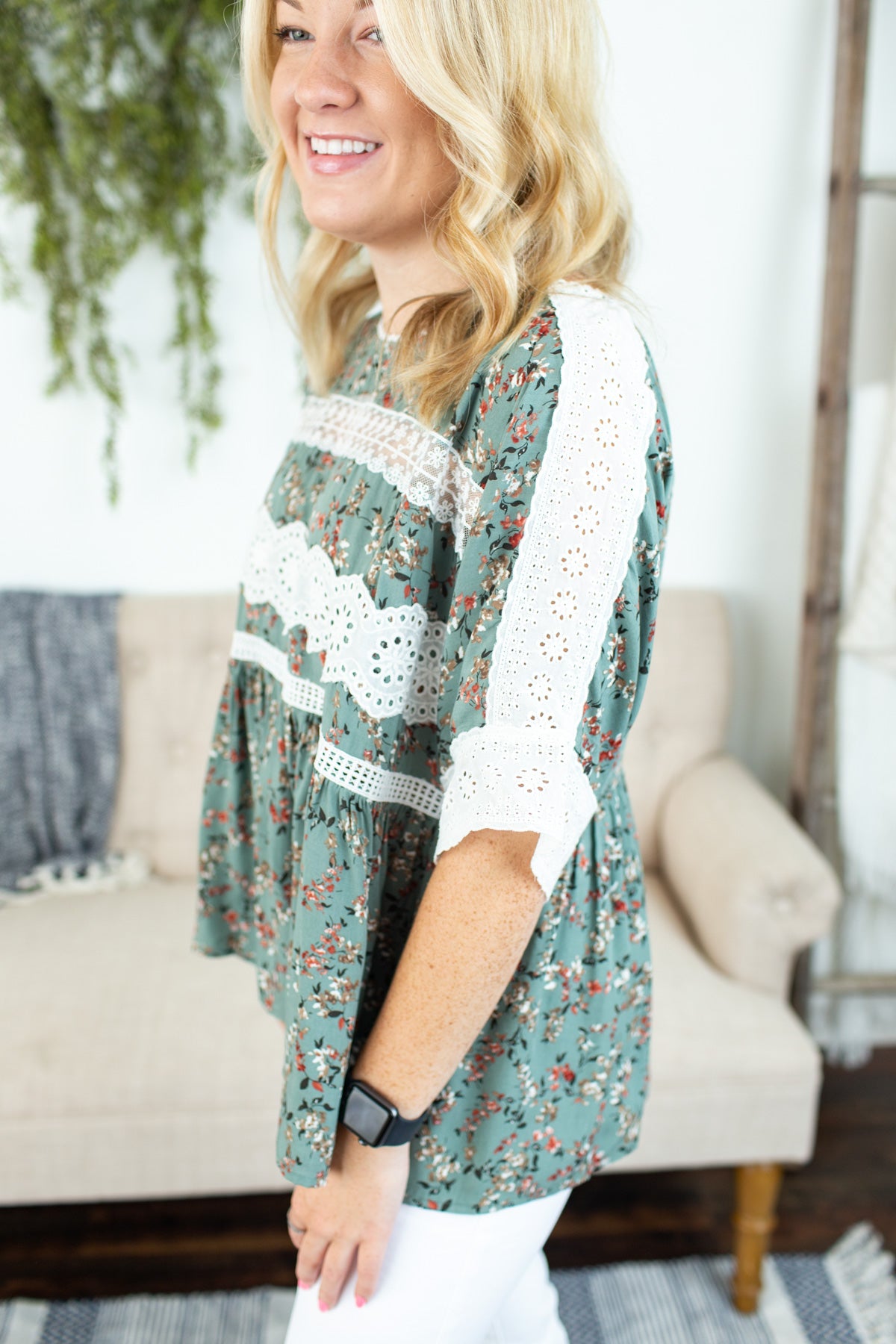 Floral Eyelet Detail Top - Sage