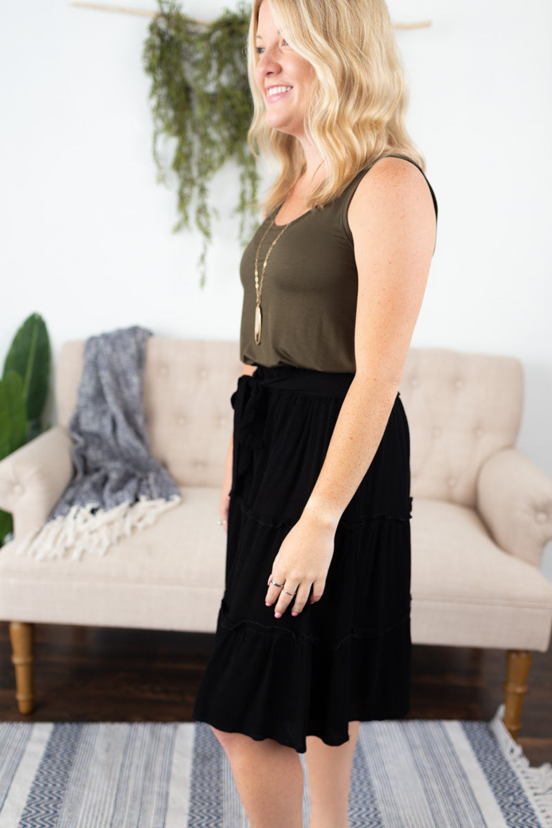 Solid Print Midi Tiered Skirt