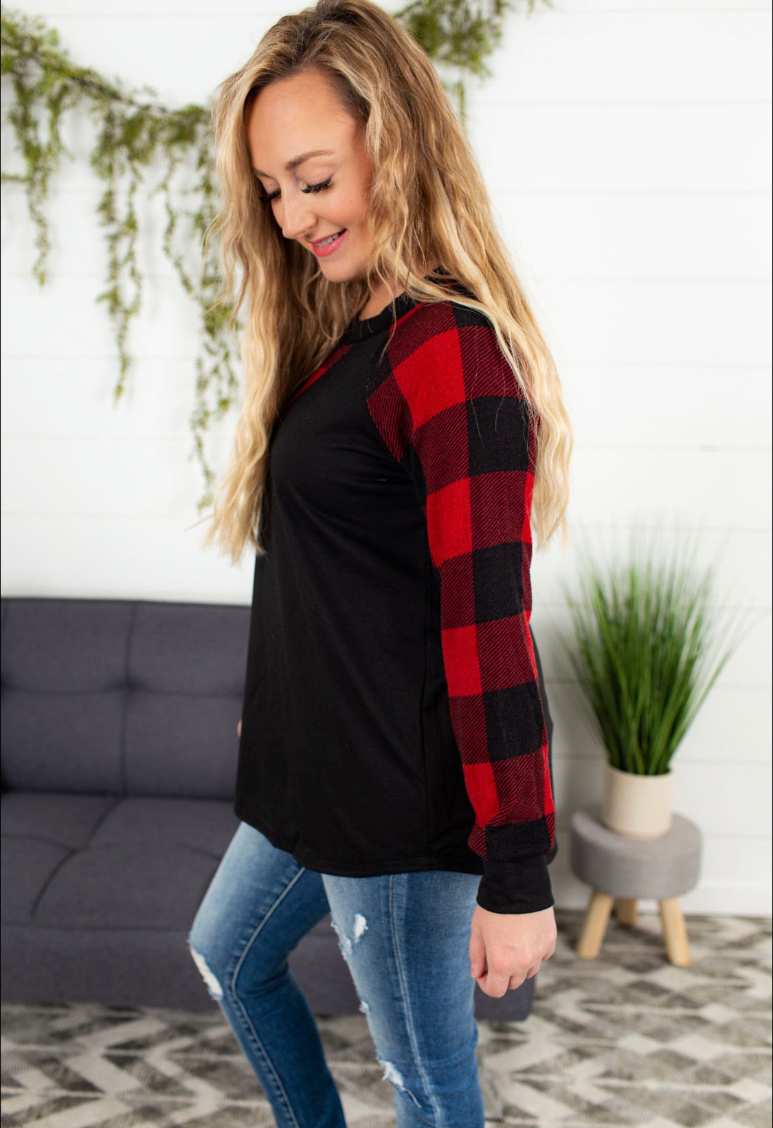 Raglan Buffalo Plaid Top - Red