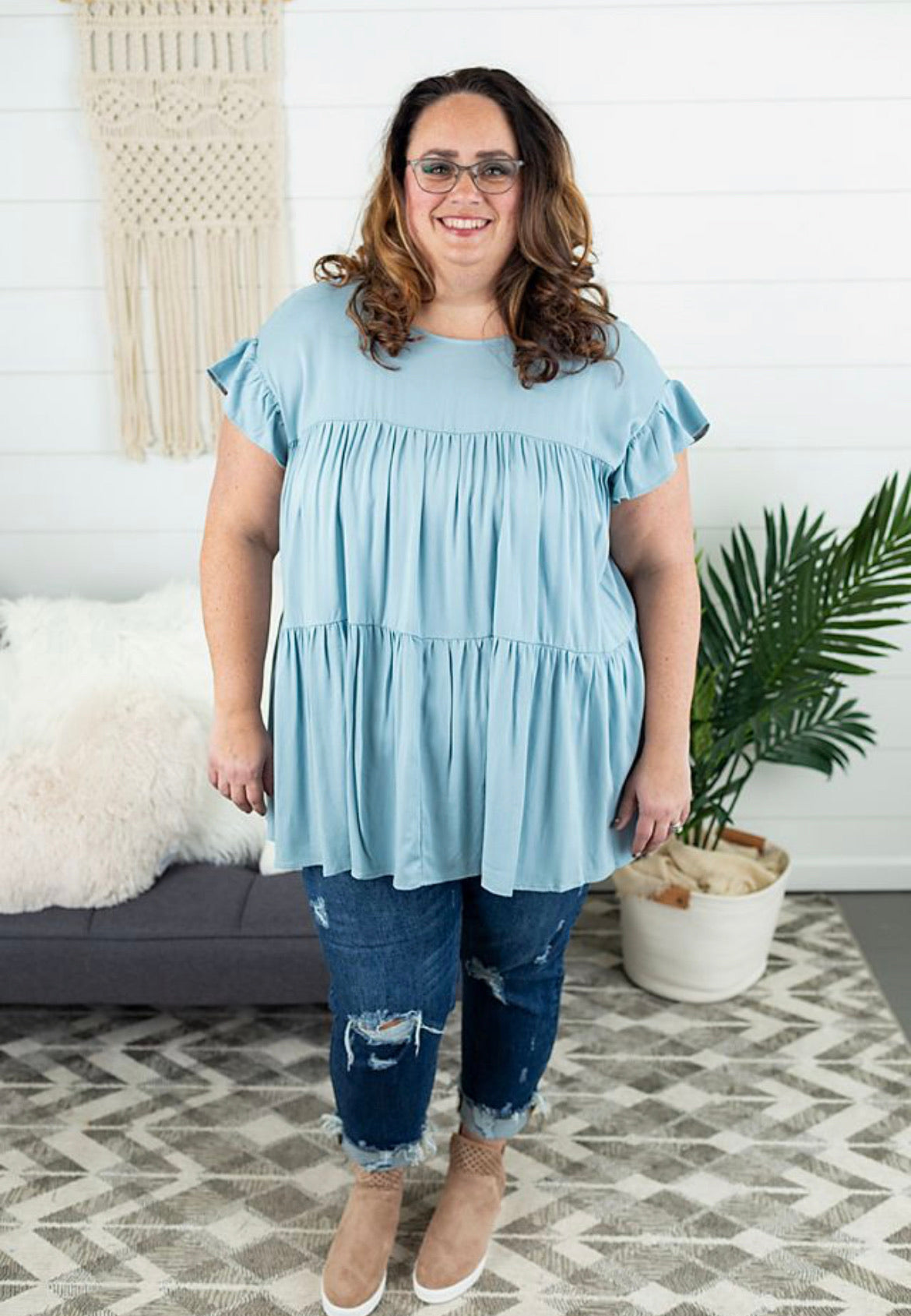 Solid Tiered Ruffle Sleeve Top - Plus